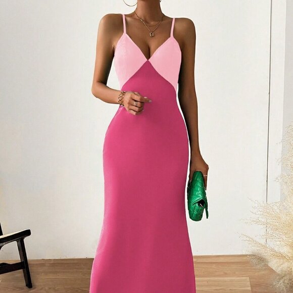 Multicolor Sexy Women's Summer Color Blocked Long Tail Spaghetti Strap Dress - Picture 4 of 8